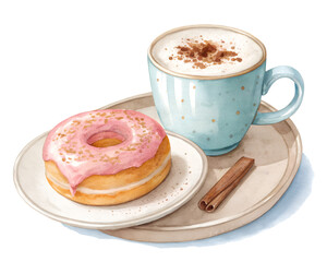 cup of coffee with cream and croissant