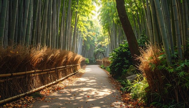 A serene pathway through a lush bamboo forest in the sunlight