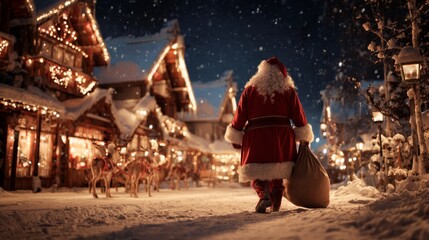 Santa strolls through a charming village at night, surrounded by twinkling lights and snow-covered rooftops. The atmosphere is filled with holiday cheer and magic