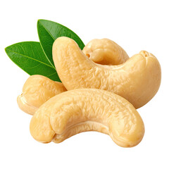 Close-up of three whole cashews, light beige in color, with two fresh green leaves