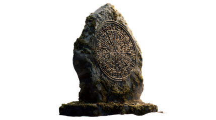 Ancient moss-covered standing stone etched with intricate circular rune symbols, evoking mystery and history.. Perfect for Halloween Designs