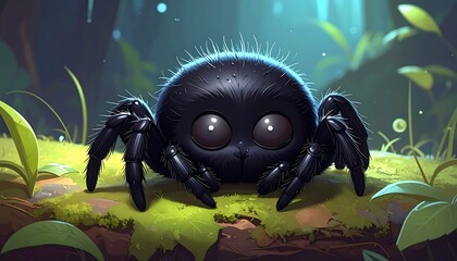 Adorable cartoon spider in a forest setting with cute and friendly appearance