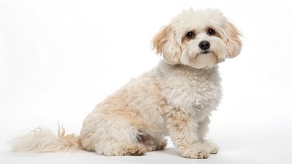 Fototapeta premium Maltipoo dog (Maltese–Poodle mix) with curly fluffy coat and sweet expressive eyes, sitting on a clean white studio background, sharp focus, professional lighting, detailed pet portrait