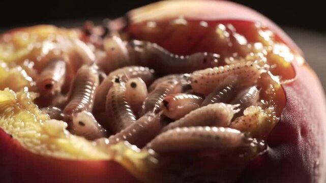 Close-up of a Rotting Peach Infested with Numerous Small Larvae or Maggots
