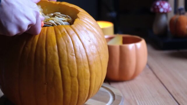 Carving pumpkins for Halloween. Preparing for Halloween. 