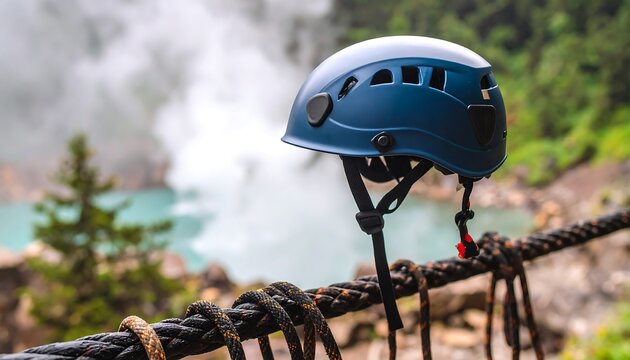 Fototapeta Blue Safety Helmet on Rope Bridge with Green Natural Scenery