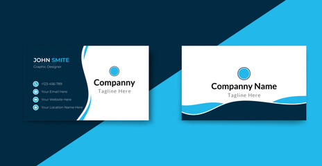 Modern business card design with blue and white elements, showcasing contact information and company logo