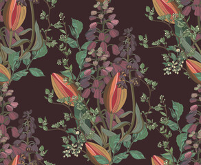 Flowers and leaves in vintage style, seamless pattern	
