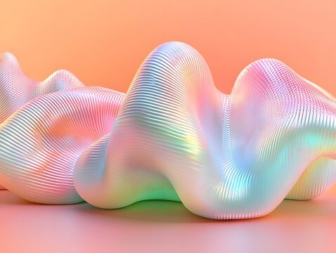 Abstract iridescent 3D wavy texture background, pastel pink and mint colors, modern design