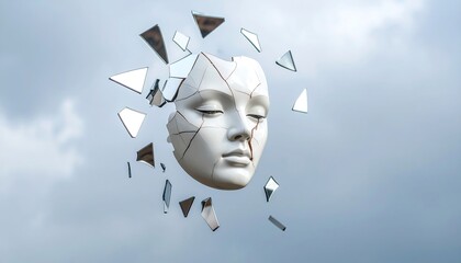 Broken Face Floating in Sky with Shattered Mirror Fragments