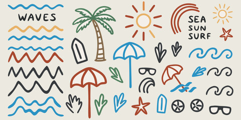 Collection of hand drawn summer beach vacation icons including waves sun palm tree surfboard and umbrellas
