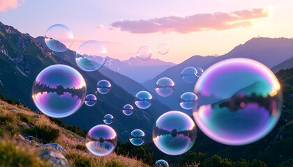 Bubbles Floating Over Mountain Landscape at Sunset with Colorful Sky