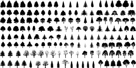 Collection of diverse tree silhouettes in various shapes and sizes on a white background