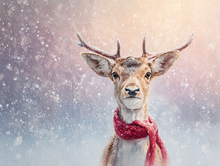 Reindeer wearing a red scarf in a snowy landscape with festive atmosphere for Christmas celebration
