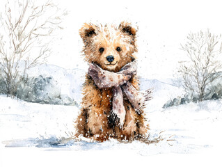 Watercolor illustration of a cute bear wearing a scarf in a snowy winter landscape