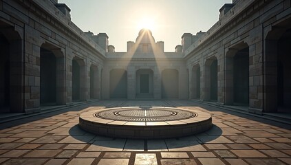 Sunbeams shine down into the center of a grand and ancient stone temple courtyard, creating a spiritual and mysterious atmosphere.