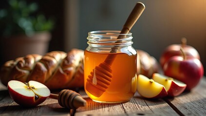 A traditional still life for the Jewish New Year, Rosh Hashanah, with a jar of honey, fresh apples, and challah bread.