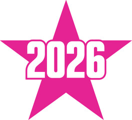 A pink star with the white number two thousand and twenty six in the center of it