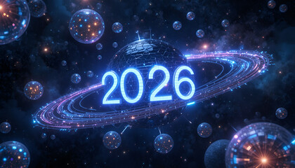 Digital planet with the year 2026, representing the future and technological advancement