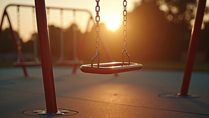 An empty swing at a playground is silhouetted against a beautiful golden sunset, creating a peaceful and nostalgic atmosphere.