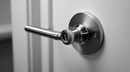 Fototapeta premium Close up view of a modern door handle with keyhole featuring sleek metallic design