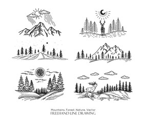 Mountains landscape set. Deer in front of the mountain ridge. Vector line drawing. Starry sky in forest, . Sketch label