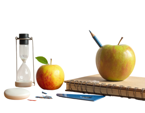 Still life of school supplies hourglass, apples, pencil, notebook - Powered by Adobe