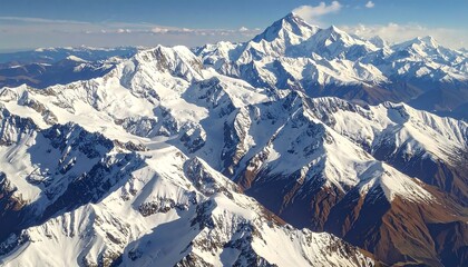 Aerial View of Majestic Snow-Capped Mountains Under a Clear Blue Sky