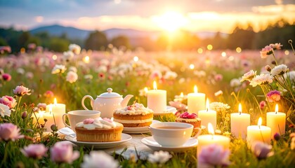 Candlelit Picnic with Cakes and Tea in a Field at Sunset