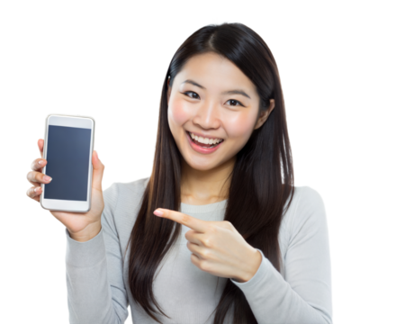 Happy woman pointing at a smartphone with a blank screen, wearing a light grey top