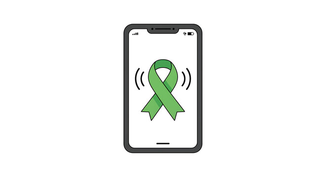 Smartphone displaying a green awareness ribbon with sound waves, symbolizing mental health support and communication