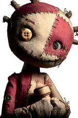 Creepy handmade fabric doll with button eyes and stitched smile holding a wooden object, perfect for Halloween or horror themes.. Perfect for Halloween Designs