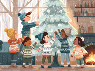 Children decorating Christmas tree with ornaments in cozy living room during winter holiday season