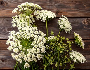 Close-up view of delicate white flowers on brown wooden surface
