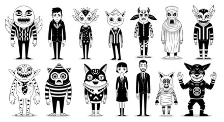Whimsical characters for Halloween celebrations or creative projects, diverse set of quirky creatures and figures, perfect for storytelling, animation, or stylized design elements, scalable vector del