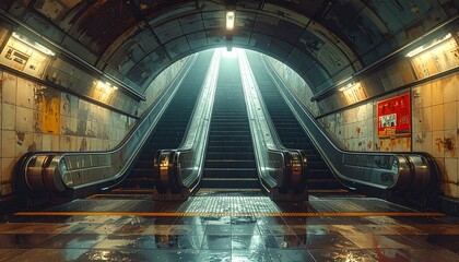 An atmospheric view of a weathered subway station with illuminated escalators