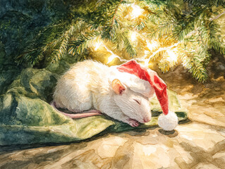 Adorable white rat wearing Santa hat sleeping under Christmas tree with twinkling lights