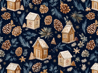 Festive winter pattern featuring cozy houses, pine cones, and snowflakes on a dark background