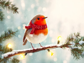 Charming robin perched on snowy branch adorned with festive lights for Christmas celebration