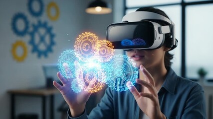 Woman using virtual reality headset to interact with digital gears hologram - Powered by Adobe