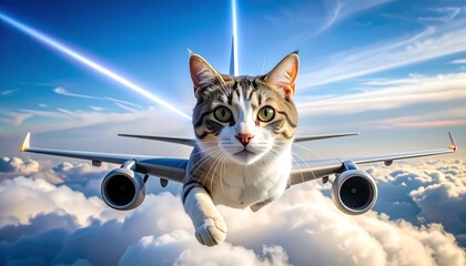 Cat Flying on Airplane in the Sky with White Clouds