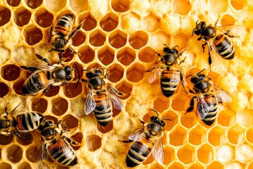 Bees on Honeycombs in a Beehive, Captivating Wax Honeycomb with Honey, Apiary Details Wallpaper