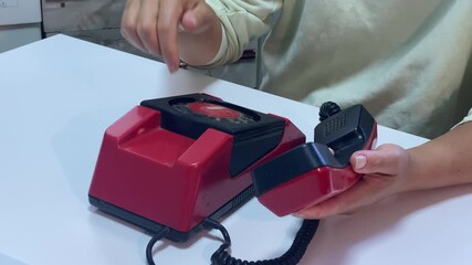 A person dials a vibrant red vintage rotary phone on a white surface, holding the receiver. The image evokes a sense of nostalgia for classic communication. - Powered by Adobe