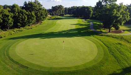 Aerial View of a Lush Green Golf Course with Trees and a Red Flag