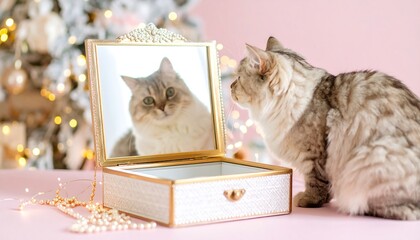 Cat Looking in Mirror on Pink Table with Holiday Decorations