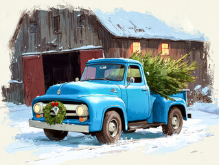 Vintage blue truck adorned with Christmas wreath and fresh tree in snowy winter landscape