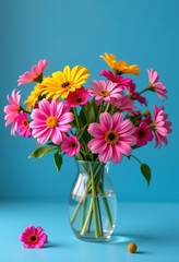 Elegant glass vase filled with vibrant blooms rests on a serene blue background, image, fresh