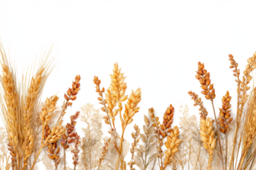 Arrangement of dried wheat and grain stalks warm autumn colors isolated on a white background for seasonal design elements