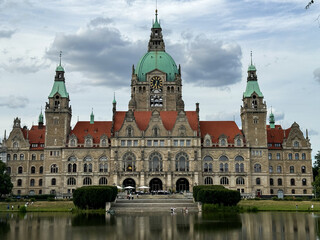 Fototapeta premium New Town Hall in Hannover, Germany with Reflection in the Lake