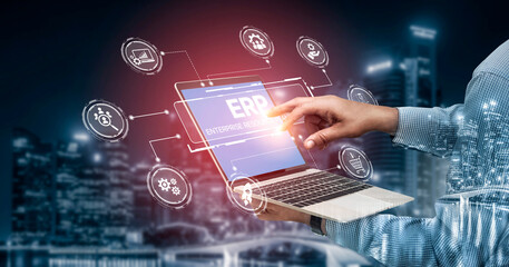 ERP platform visual showing centralized system for enterprise resource planning, improving integration, data flow, business efficiency, finance, inventory, and human resources. Spline